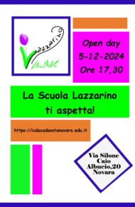 Locandina Open Day Scuola infanzia Lazzarino, il 5 dicembre alle ore 17.30. non c'è bisogno di prenotazione.