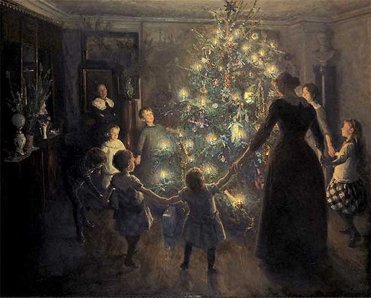 viggo-johansen-girotondo-attorno-albero.-natale bambini girano intorno ad albero di natale tenendosi per mano